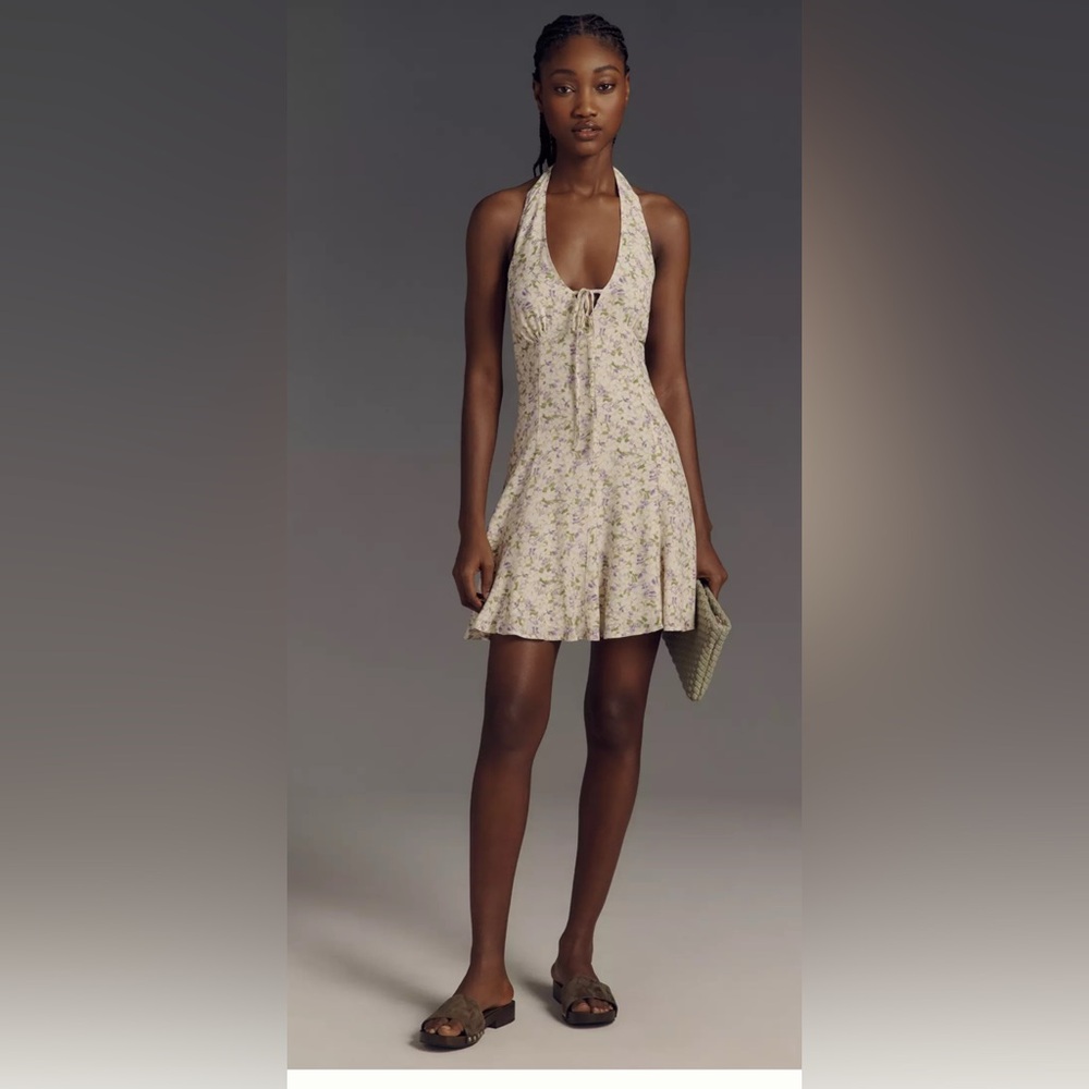 Maeve Anthropologie  Sleeveless Halter Mini Dress cream purple floral feminine